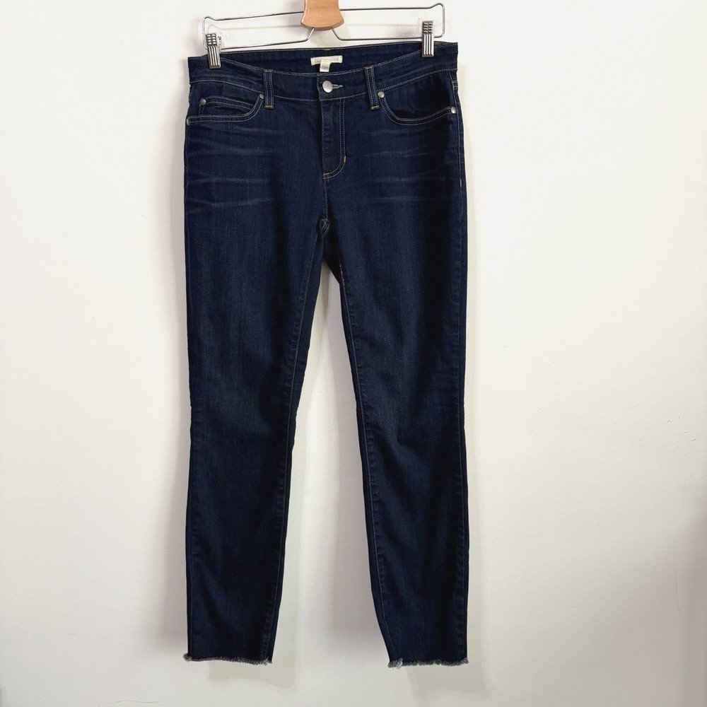 Eileen Fisher Jeans 6 Organic Cotton Stretch Skinny Raw Hem Dark Blue 32x28